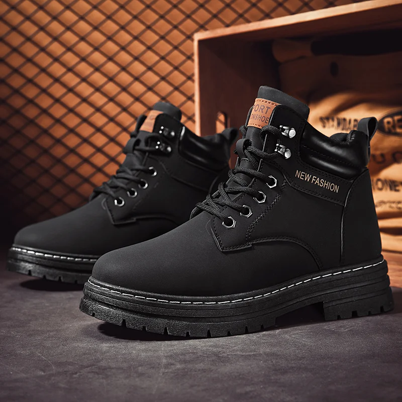 

Classic Black Men's Motorcycle Boots Street Style Ankle Boots For Men Non-Slip Outdoor Sports Platform Boots Man botas masculino