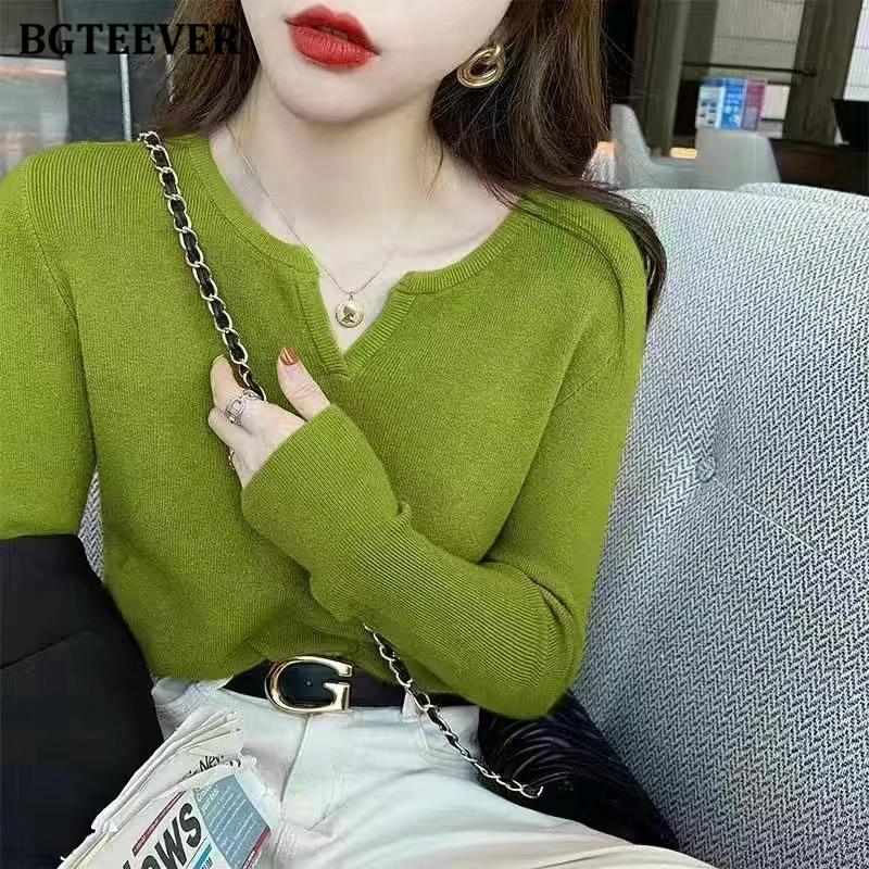 

BGTEEVER Autumn Winter Ladies Knitwear V-neck Loose Knitted Sweaters Women Casual Long Sleeve Female Pullovers Jumpers