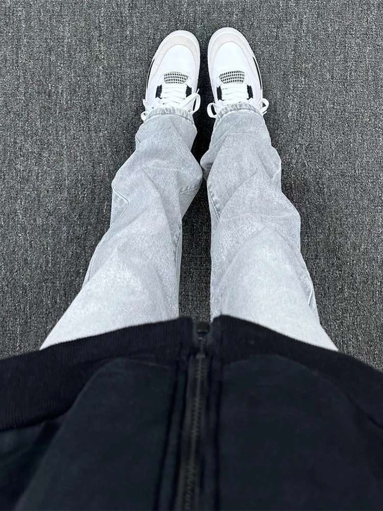 

Retro American Sle ey e Denim Jeans Men's Spring Autumn High Street Straight Leg Loose Fit Long Trousers