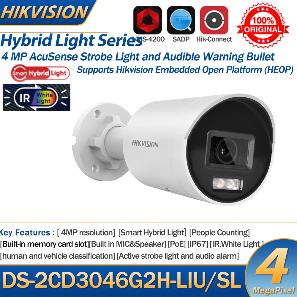 HIKVISION IP Camera 4MP DS-2CD3046G2H-LIU/SL AcuSense POE Bullet Strobe Light Audible Warning Built-In Mic Speaker SD Card Slot