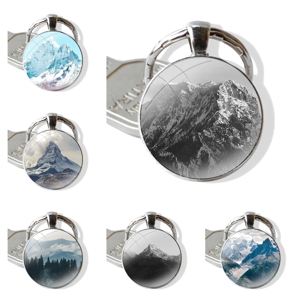 Keychain Glass Cabochon Metal Pendant Classic Men's Women's Keyring Mountain Peak Forest