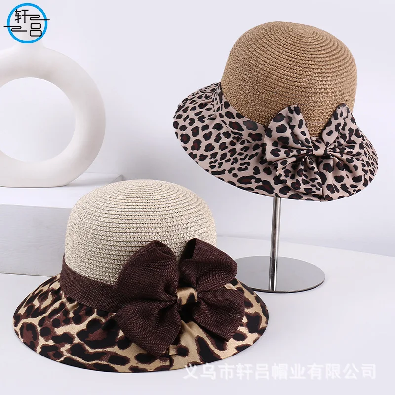 

Fashion Leopard Print Bow Straw Hat for Women, Spring Summer Outdoor Sun Protection Breathable Woven Round Bucket Hat, Beach Cap
