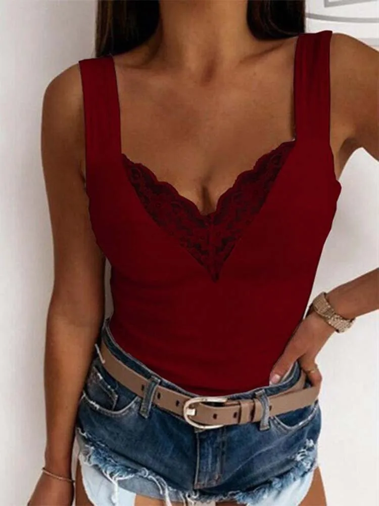 Women's Deep V-Neck Lace Vest Sexy T-shirt Slim Fit Top Monochromatic Fashion Summer 2024