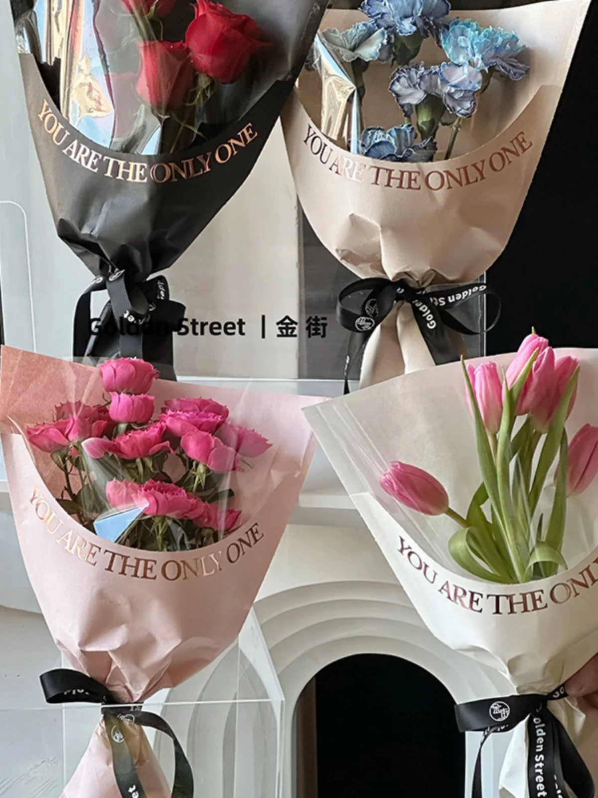 10pcs Valentine's Day Single Flower Packaging Bag Rose Hot Stamping Packaging Bags Flower Bouquet and Floral Packaging Bag