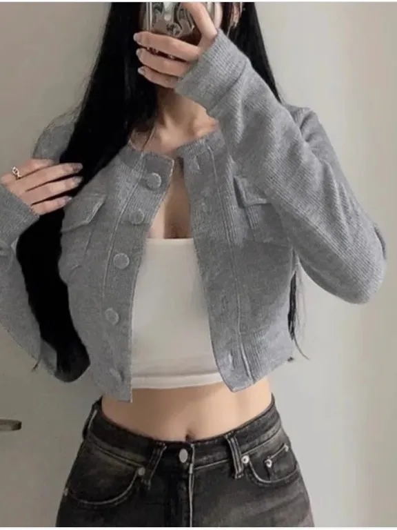 Dongda Gate New Style Women's Knitted Long Sleeve Jacket Coat Slim Fit Waist Exposure Polyester Fiber Commute Style Short Coat