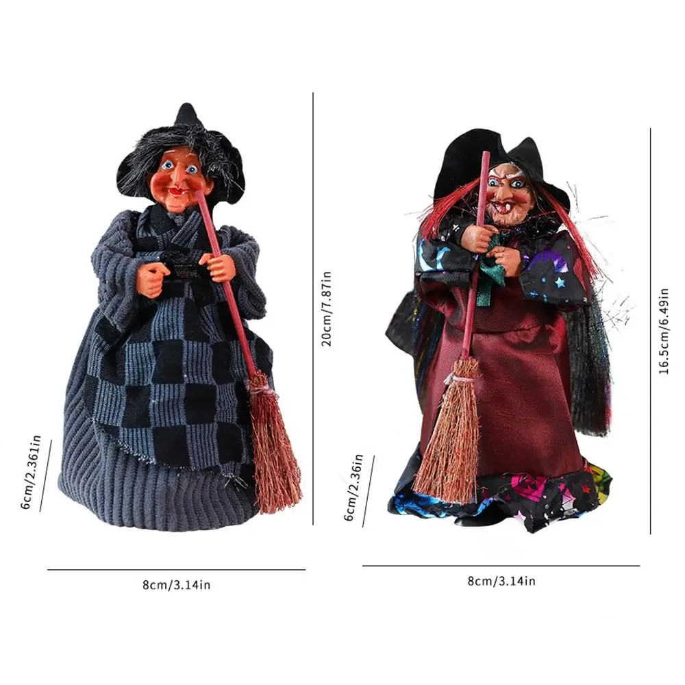 Regalo per bambini Statue di streghe con manico di scopa creativo Divertente retrò Halloween Strega Ornamento Artigianato di stoffa Figurine di streghe Disposizione della scena