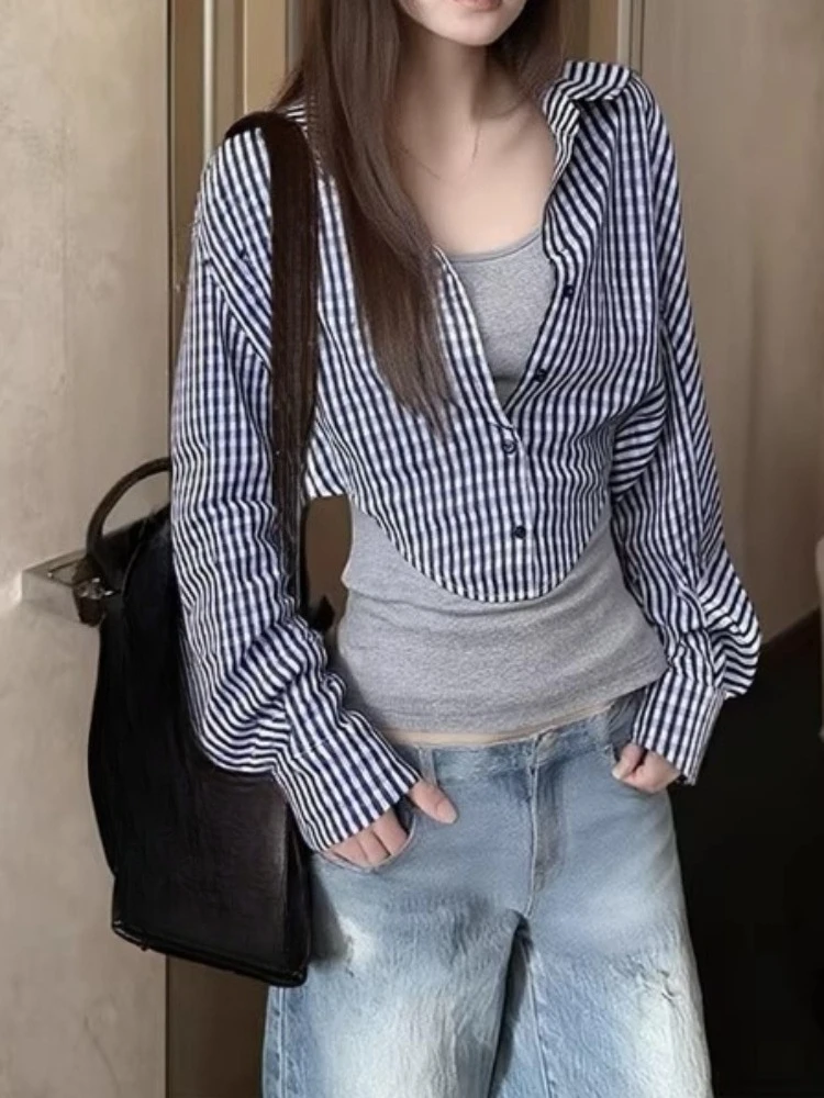 Y2k Aesthetic Two Pieces Women Plaid Blouse Vintage Turn Down Collar Grunge Blusas Autumn Harajuku Slim Fit Button Shirt
