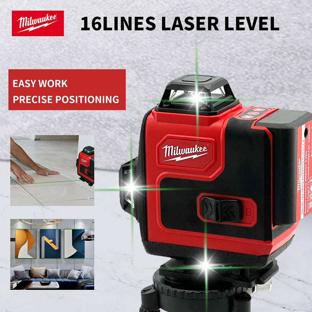 Milwaukee 16 lines Laser Level Green Light Horizontal Vertical Cross Laser Level Construction Tool Rechargeable Battery Tools