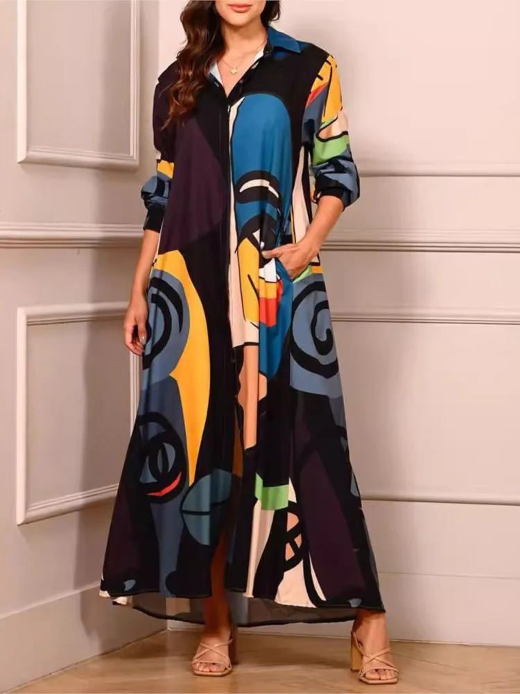 

Женское однобортное платье-рубашка, Длинное свободное винтажное платье с длинным рукавом и принтом, Y2k