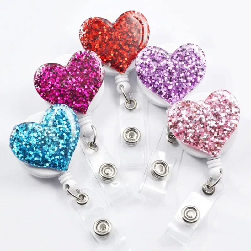 1Pcs Bling Love Heart Retractable Badge Holder Badge Clips for Nurse ID Badge Reel with Alligator Clip