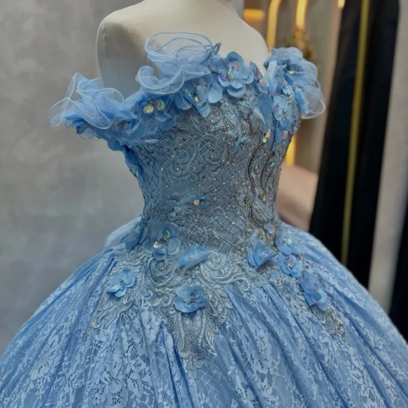 

Синее платье с открытыми плечами, кристаллами, блестками, объемными 3D-цветами, длинным шлейфом и бантом, для выпускного вечера (Quinceañera), на заказ