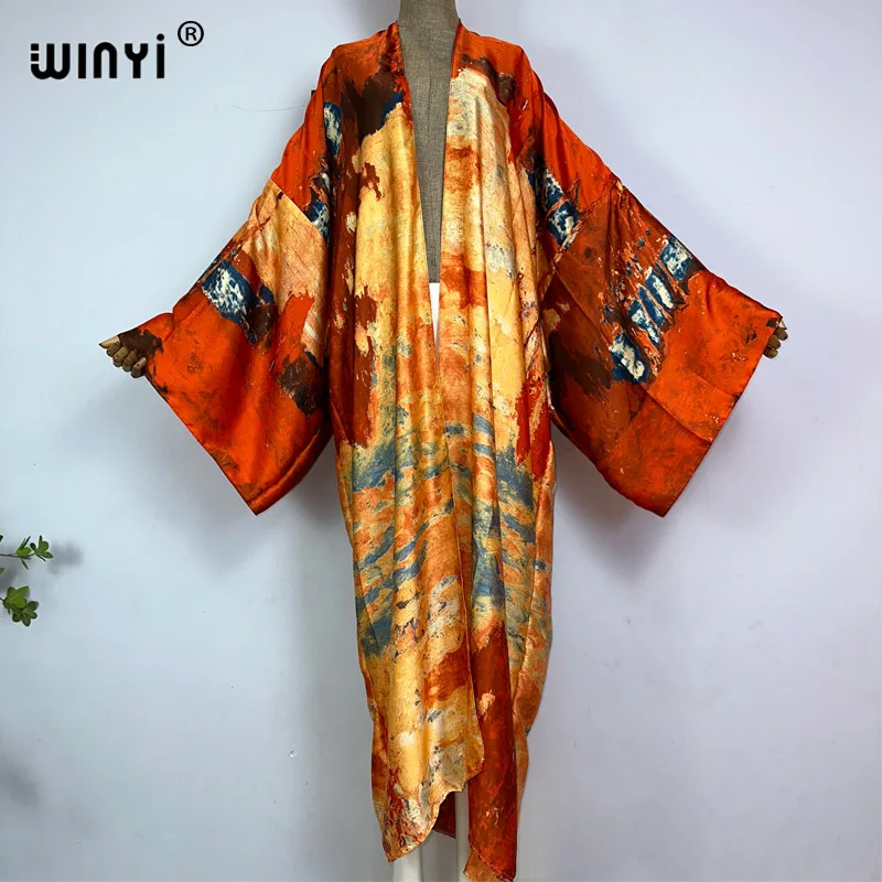 WINYI kimono Abstract print boho kaftans for woman Cover-up Elegant Cardigan sexy Holiday maxi beach wear swimsuit party dress