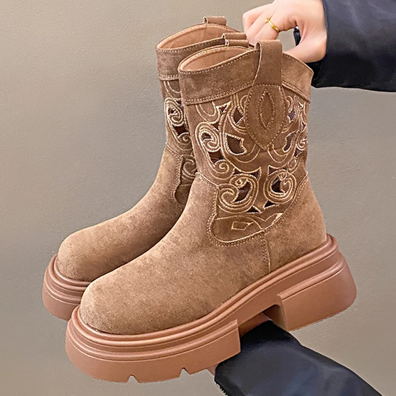 Botas cortas ahuecadas con plataforma gruesa para mujer, zapatos de ocio con punta redonda, sin cordones, sexys, Otoño, 2024