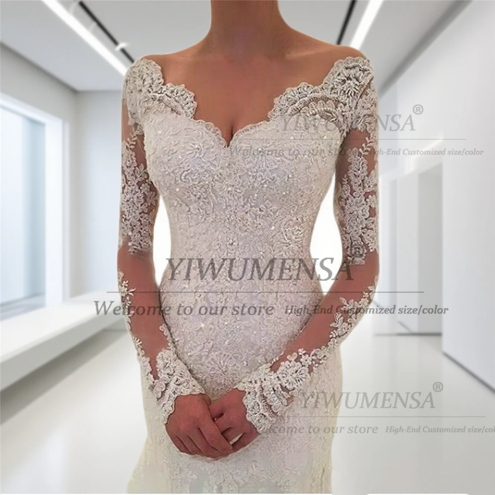 Elegancka suknia ślubna syrena z aplikacjami z koralikowej koronki dla panny młodej, szyta na miarę, dekolt w serek, długie rękawy, suknie ślubne damskie, odzież bankietowa.