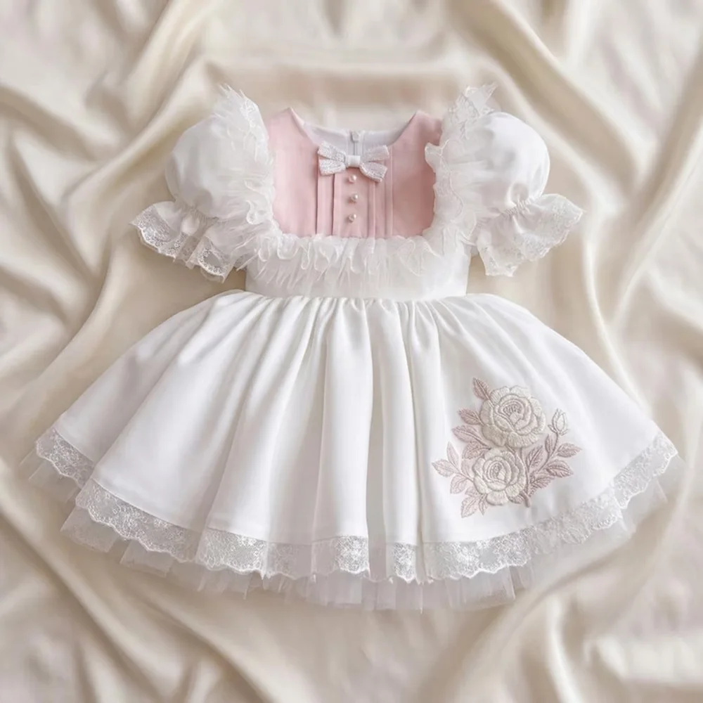 Summer Baby Girl Sweet Flower Embroidered Lace Pink White Puffy Dress For Casual Party Birthday Wedding Photography