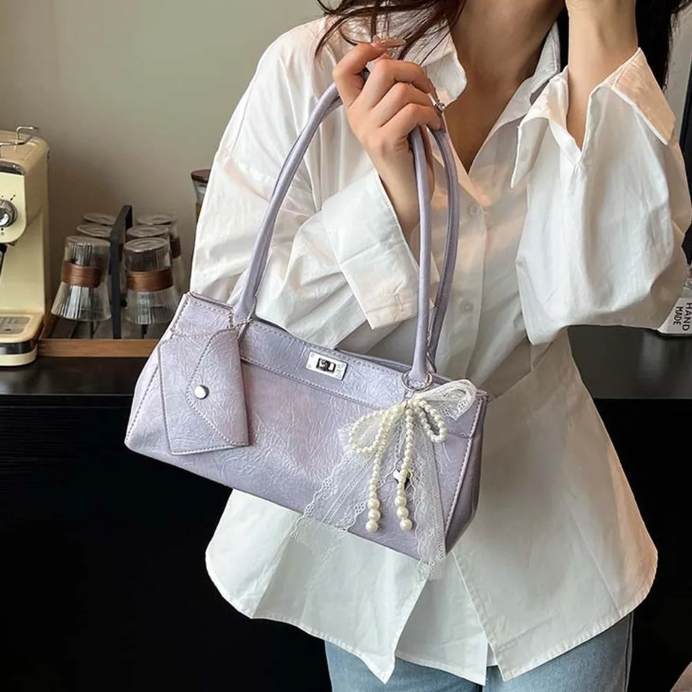 올 매치 스위트 프렌치 스틱 핸드백 레이스 교수형 파우치 PU 숄더 백 보우 리본 대용량 질감 겨드랑이 가방 매일