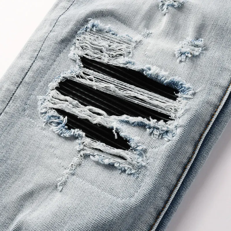 Y2k high street designer's new men's jeans, washed with nostalgia, perforated with patchwork patches, light blue jeans, hip-hop