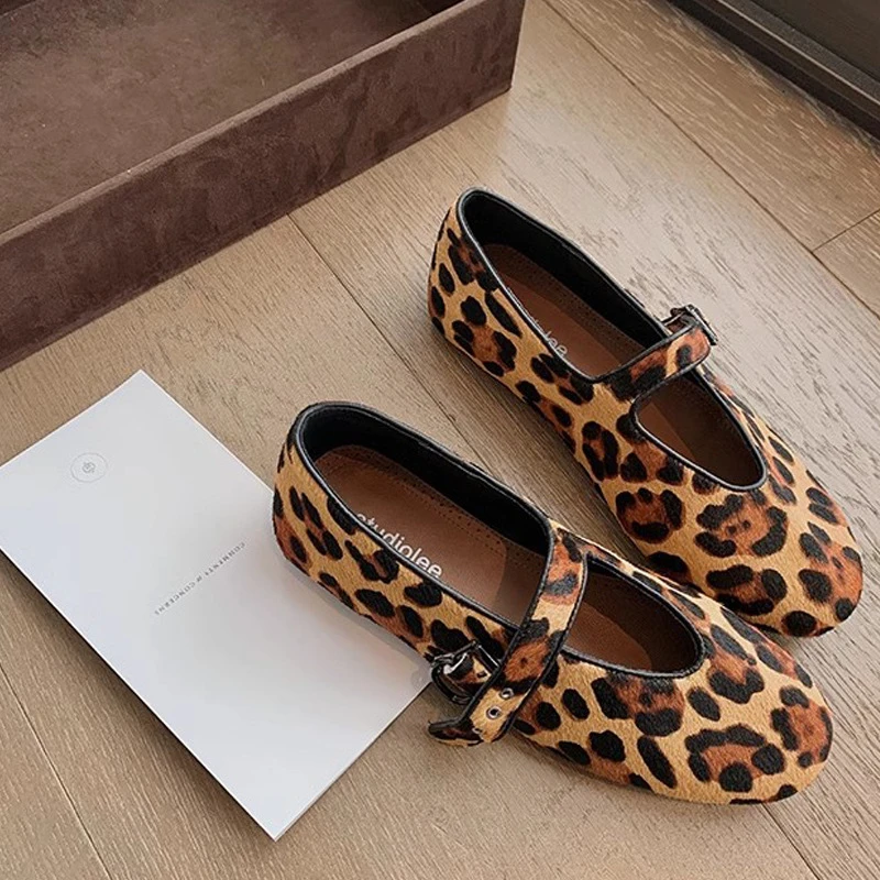 Women New Spring Leopard Print Round Toe One Strap Mary Jane Flats Cute Age Reducing Soft Sole Comfort All Match Daily Dating Ou