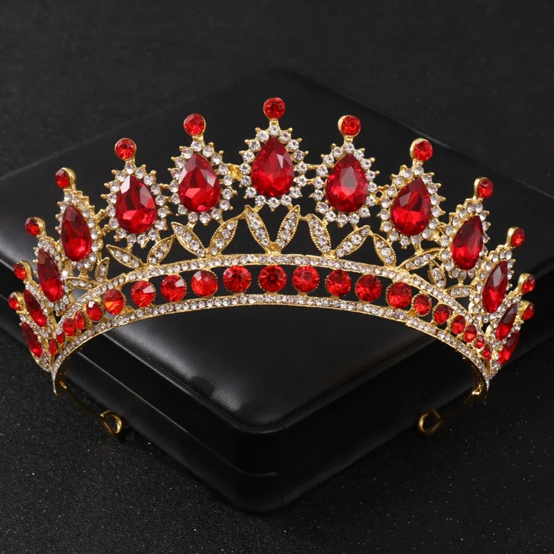 Baroque Red Crystal Bridal Crown Royal Queen tiara Pageant Prom Bride Diadem Princess Wedding Crown Hair Accessories Jewelry