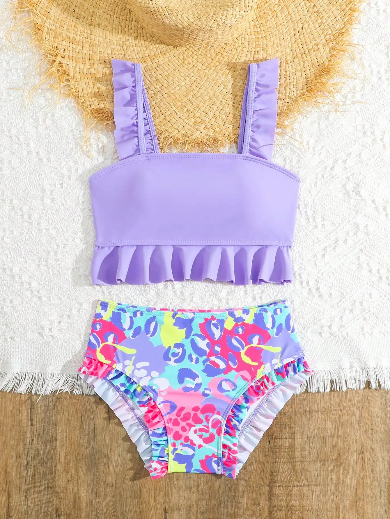 

Purple Solid & Leopard Print Ruffled Spaghetti Strap Bikini Set For Beach Vacation