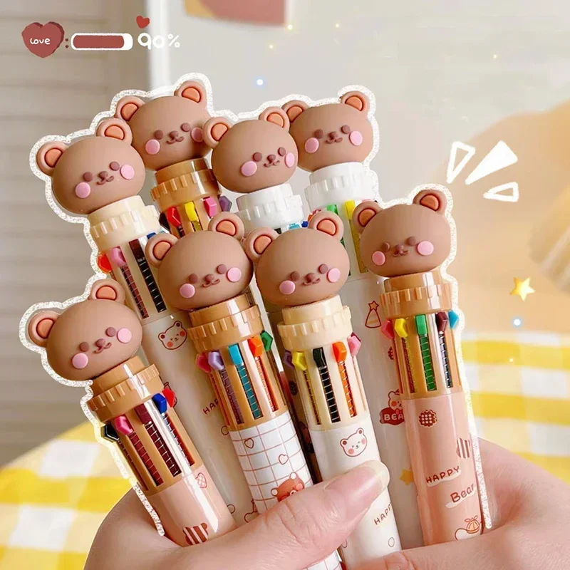 Kawaii Bear Ballpoint Pen Colorful Ink Gel Pens 10 Colors Signature Pens Korean Stationery Kids Gifts School Office Supplies