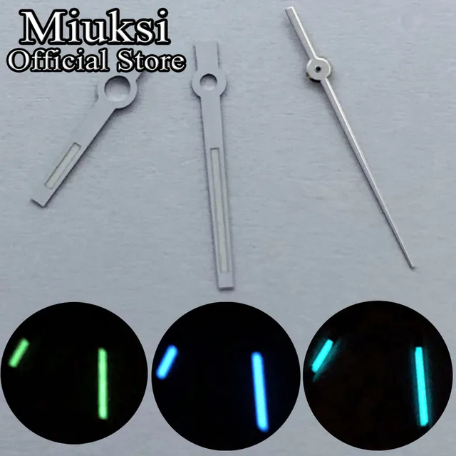 Miuksi srebrne wskazówki zegarka niebieskie zielone świecące wskazówki pasują do mechanizmu NH35 NH36 ETA 2824 2836 Miyota 8205 8215 821A Mingzhu 2813 3804