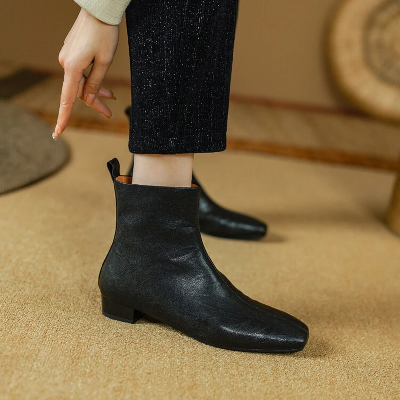 NEW Autumn Women Boots Gnueine Leather Shoes for Women Square Toe Low Heel Shoes Black Zipper Ankle Boots Handmade Modern Boots