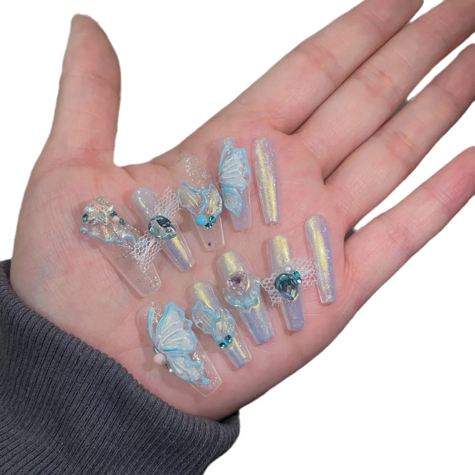 Shiny Cute White Glitter Long Coffin Fake Nails Baby Blue Butterfly Rhinestone Ribbon Full Cover Nail Tips Luxury Manicure