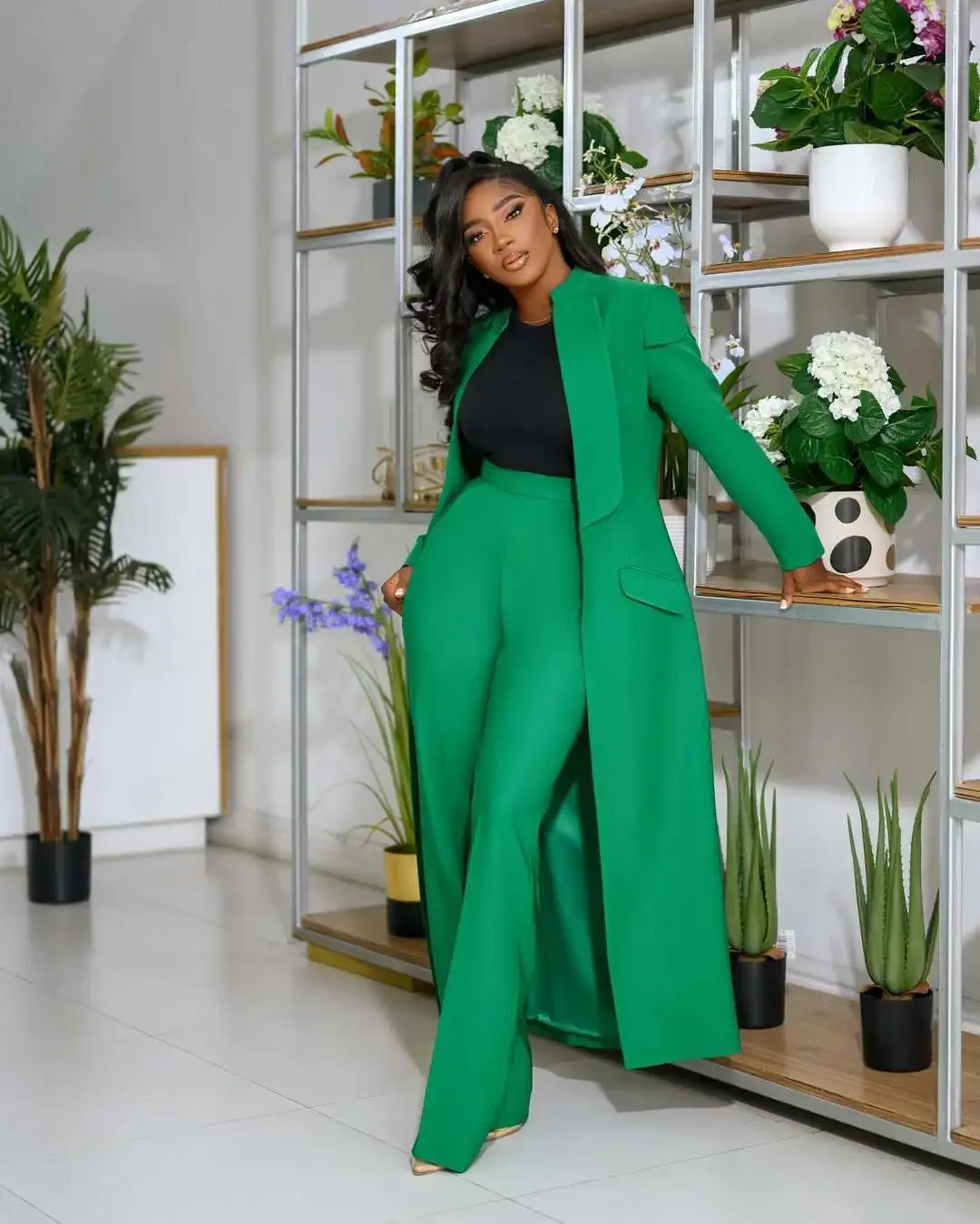 Women's Set Full Sleeve X-Long Blazer Coat+ Long Pant Suit 2026