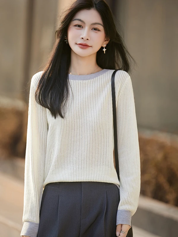 

Весенний тонкий хлопковый вязаный свитер с длинным рукавом и круглым вырезом, в стиле колор-блок, повседневный, свободного кроя, премиум-класса, омолаживающий образ