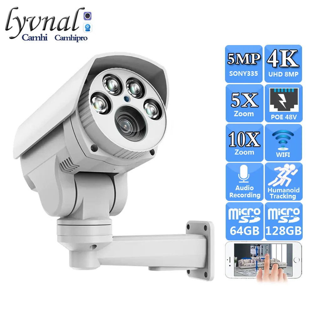 H.265 Sonyimx415 UHD 4K 8MP Wireless Security IP Camera Wifi 5X 10X Zoom Auto Focus Audio 5MP Bullet PTZ POE 48V IR Night Vision