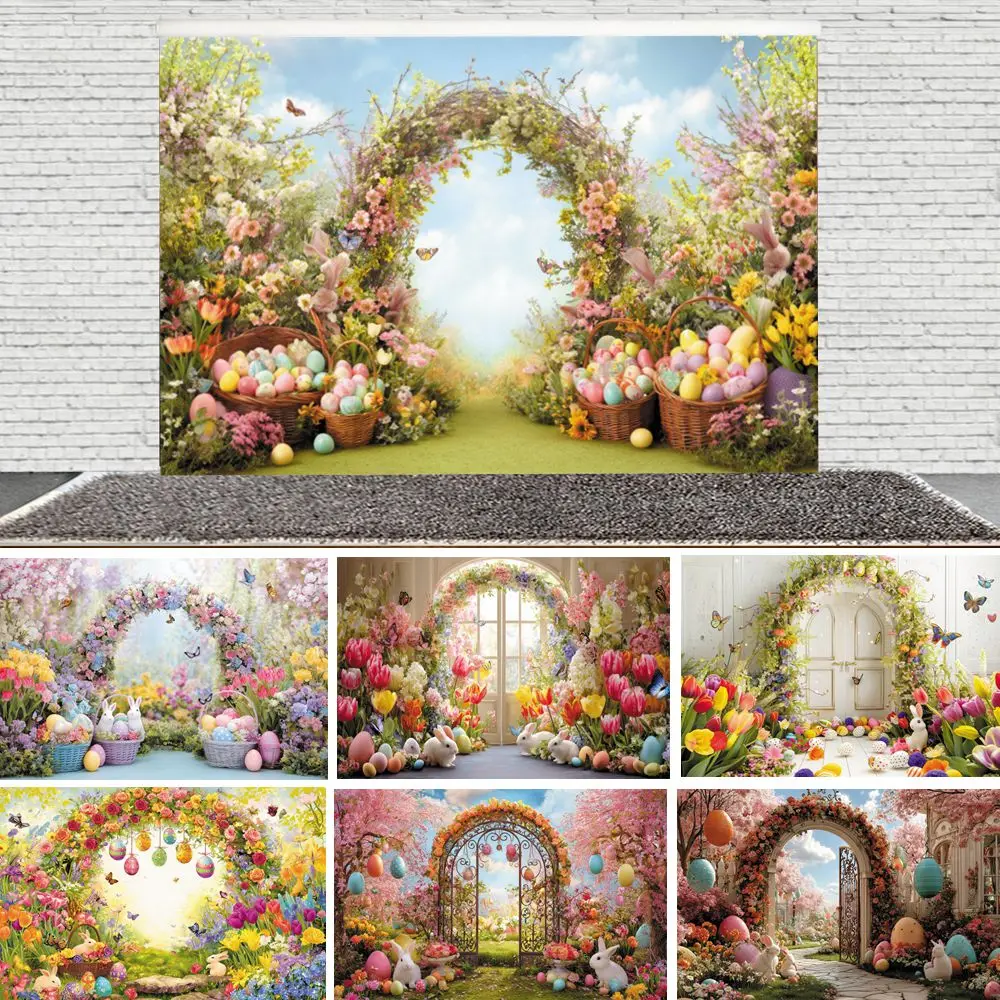 

Spring Easter Arch Flowers Backdrop Floral Garden Rabbits Colorful Eggs Grass Baby Kids Portrait Birthday Party Photo Background