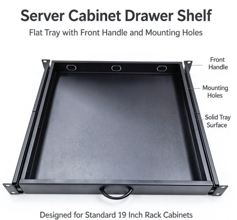 1U Sliding Tray Rack Mount Shelf, Adjustable Depth Server Cabinet Drawer Shelf with Vented Panel for 19 Inch Standtchable Baffle