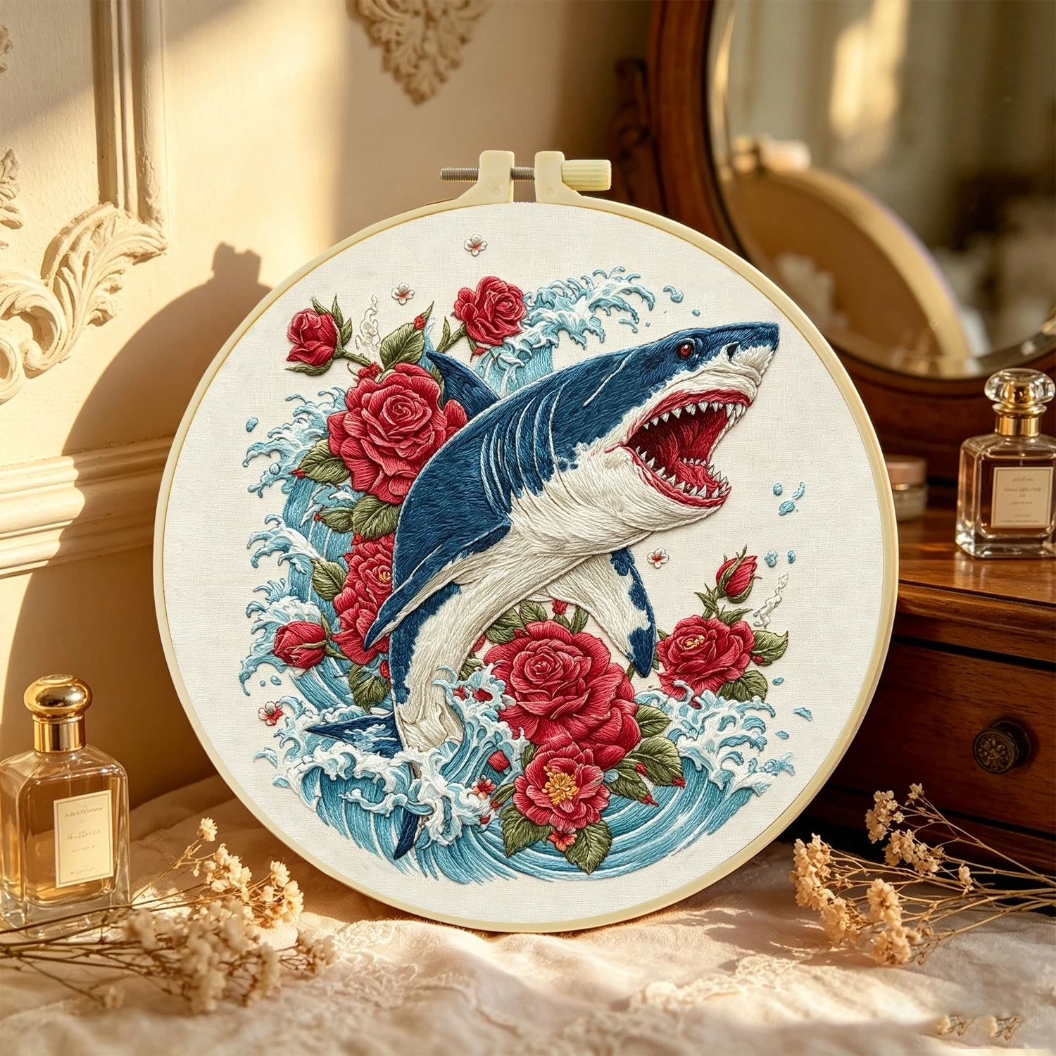 1 Set Rose Shark DIY Stickerei-Set für Anfänger, Stick-Starter-Kit, Kreuzstich-Kunstgeschenk, Handarbeits-Bastelset – Detail 5