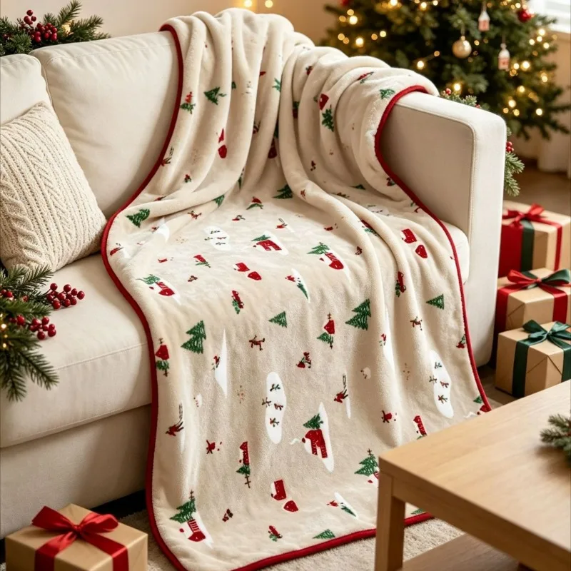 2026 NEW Throw Blanket for Sofa Christmas Print Flannel Holiday Gift Home Decor Blanket