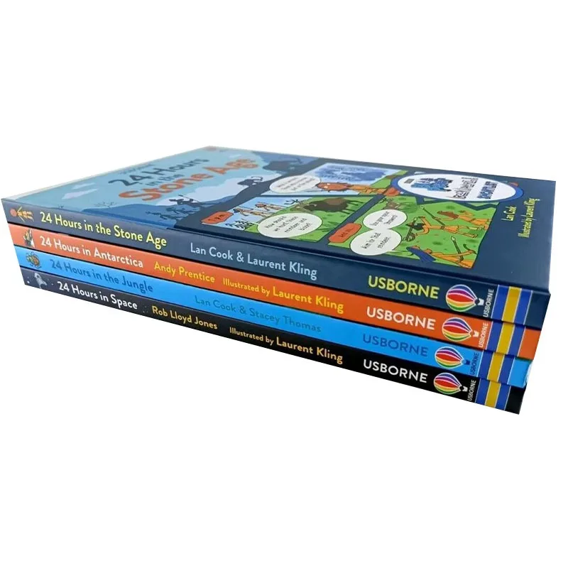 4books Usborne 24 Hours in the Stone Age Space Jungle Antarctica Kids Early Education English Reading Picture Book Hard Cover