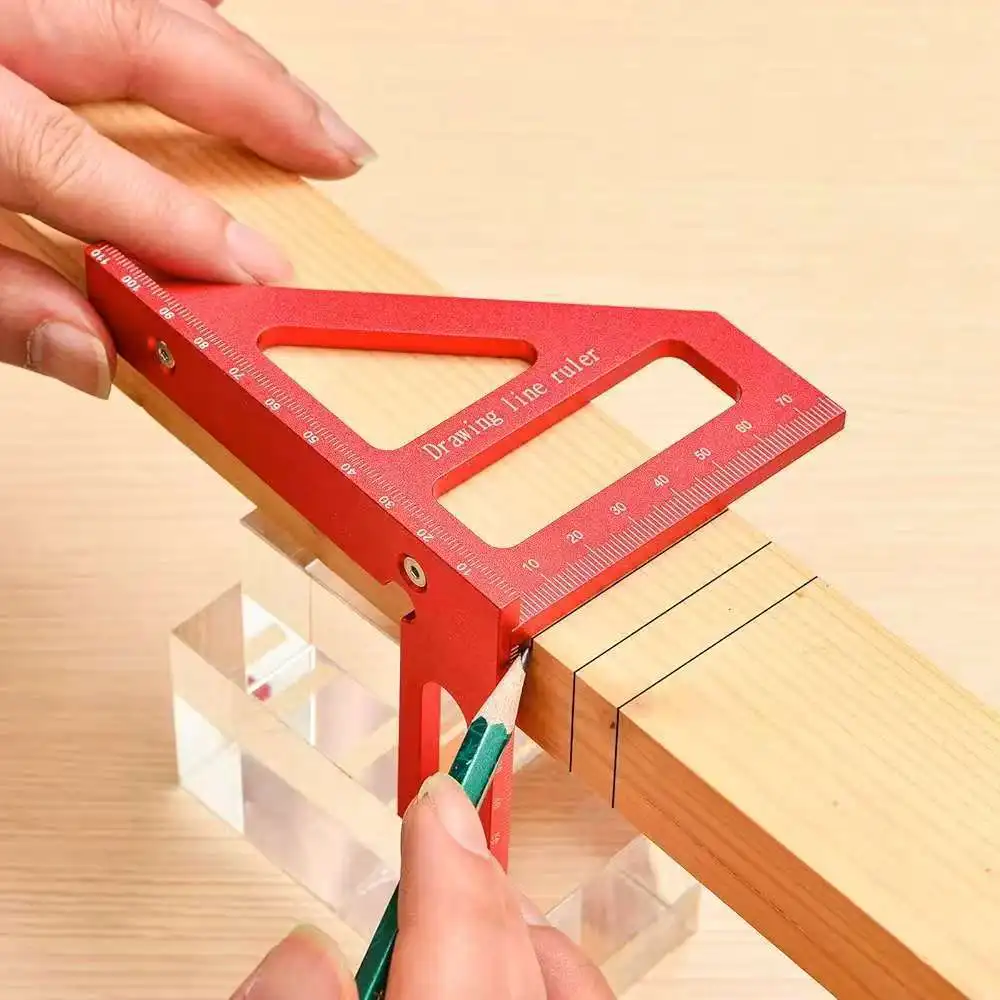 3D Multi Angle Aluminum Alloy Red Miter Triangle Ruler 45°/90° Woodworking Square Protractor Layout Measuring Tools
