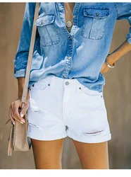 2022 New Women's Summer Black and White Ripped Denim Shorts Fashion Casual Crimping High Stretch Jeans Shorts S-2XL Drop Ship
