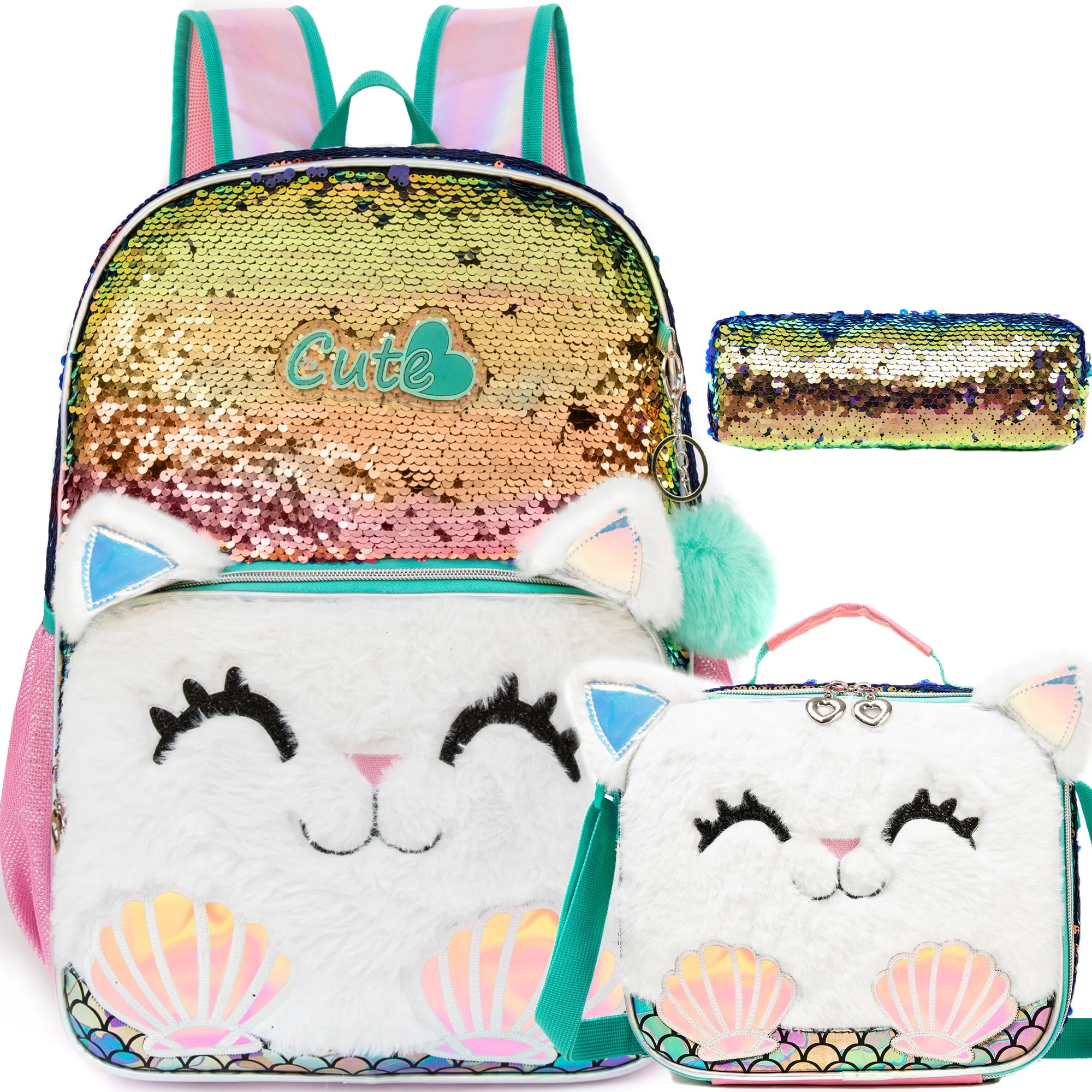 Cute Cat Sequin Backpacks for Girls School Bag with Lunch Box Pencil Case for Elementary Preschool Students Kids Travel Backpack