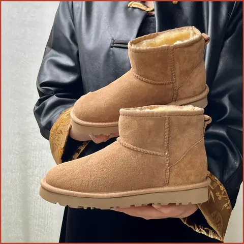 Men's and women's sheepskin and wool integrated snow boots, real leather and fur, winter thick and warm boots for women