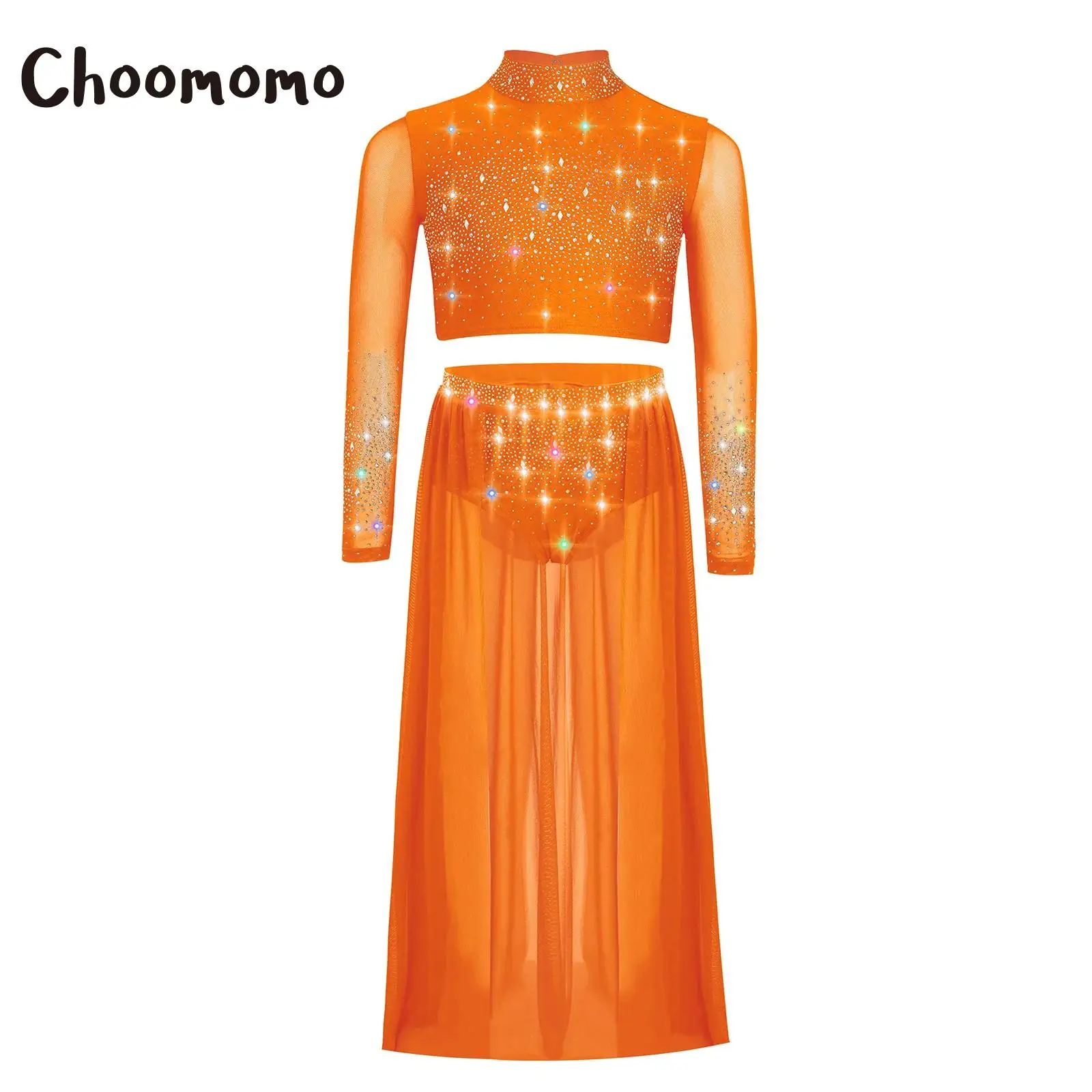 キッズガールズ叙情的ダンスセット現代スケートバレエジャズダンス衣装長袖ラインストーンクロップトップとシアーメッシュスカート