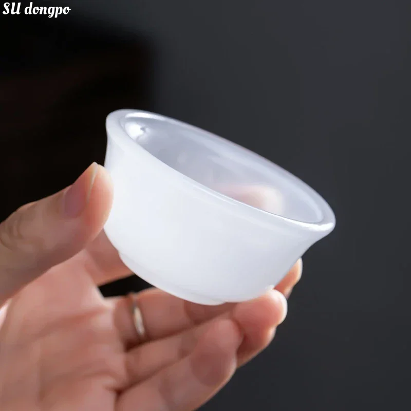 Chinese Style Glass Teacup 30ml Mini Teacup Imitation Jade Glass White Jade Porcelain Small Cup for Guests