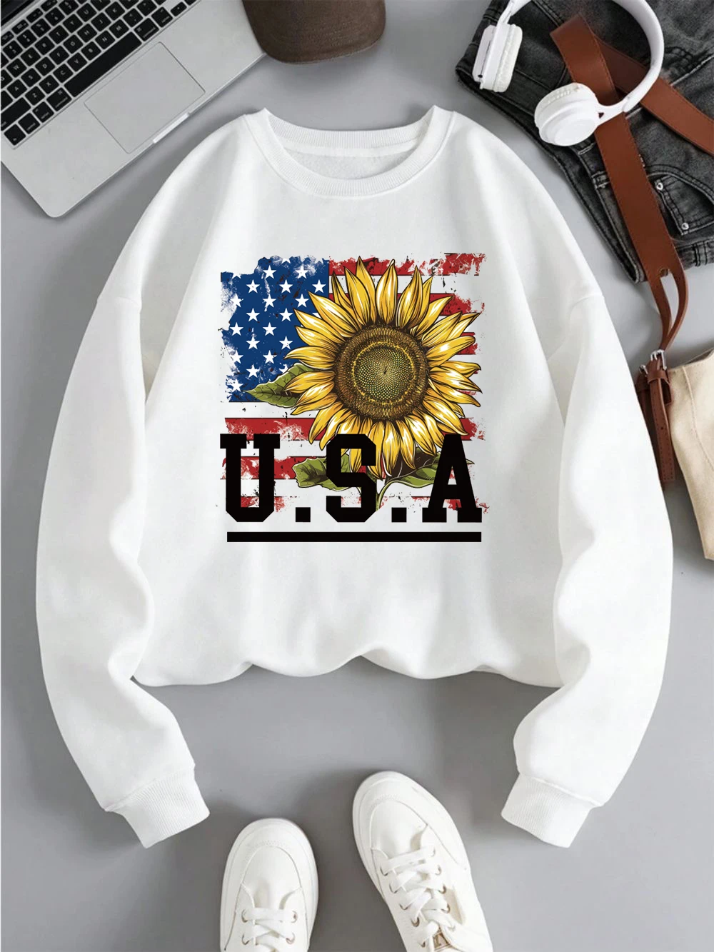 Usa Sweatshirt Women American Flags And Sunflowers Prints Hoodies Fleece Warm Crewneck Loose Clothes Winter Female Pullovers