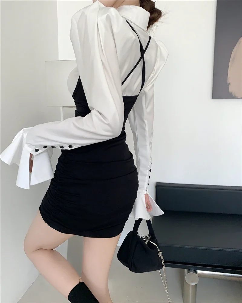 Autumn Casual Wild White Flare Sleeve Shirts Women Long  Tops Sexy Bandage Hollow Black Dress Mini Strap Hip Fashion