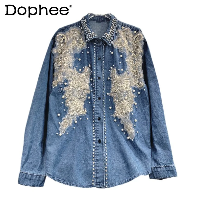 Street Hipster Beaded Denim Shirt Female 2024 Autumn New All-Match Casual Shirt Lapel Rhinestone Long Sleeve Top Women Clothes