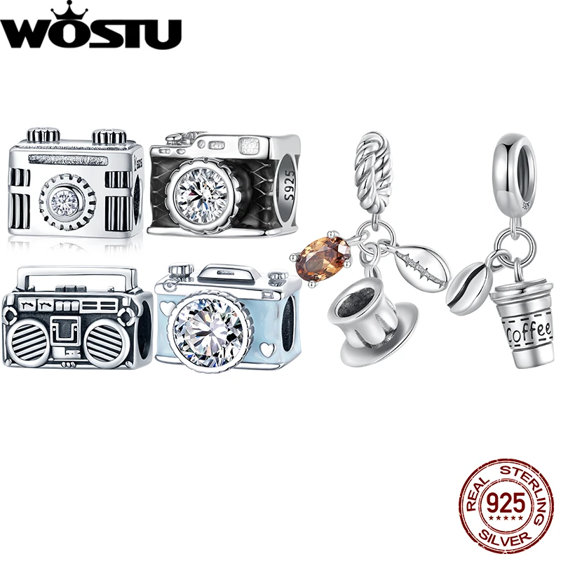 

WOSTU стерлингового серебра 925 пробы, черная эмаль, подвеска для камеры, кофейная чашка, подходит для женщин, браслет, подарок, сделай сам, повседневные ювелирные аксессуары