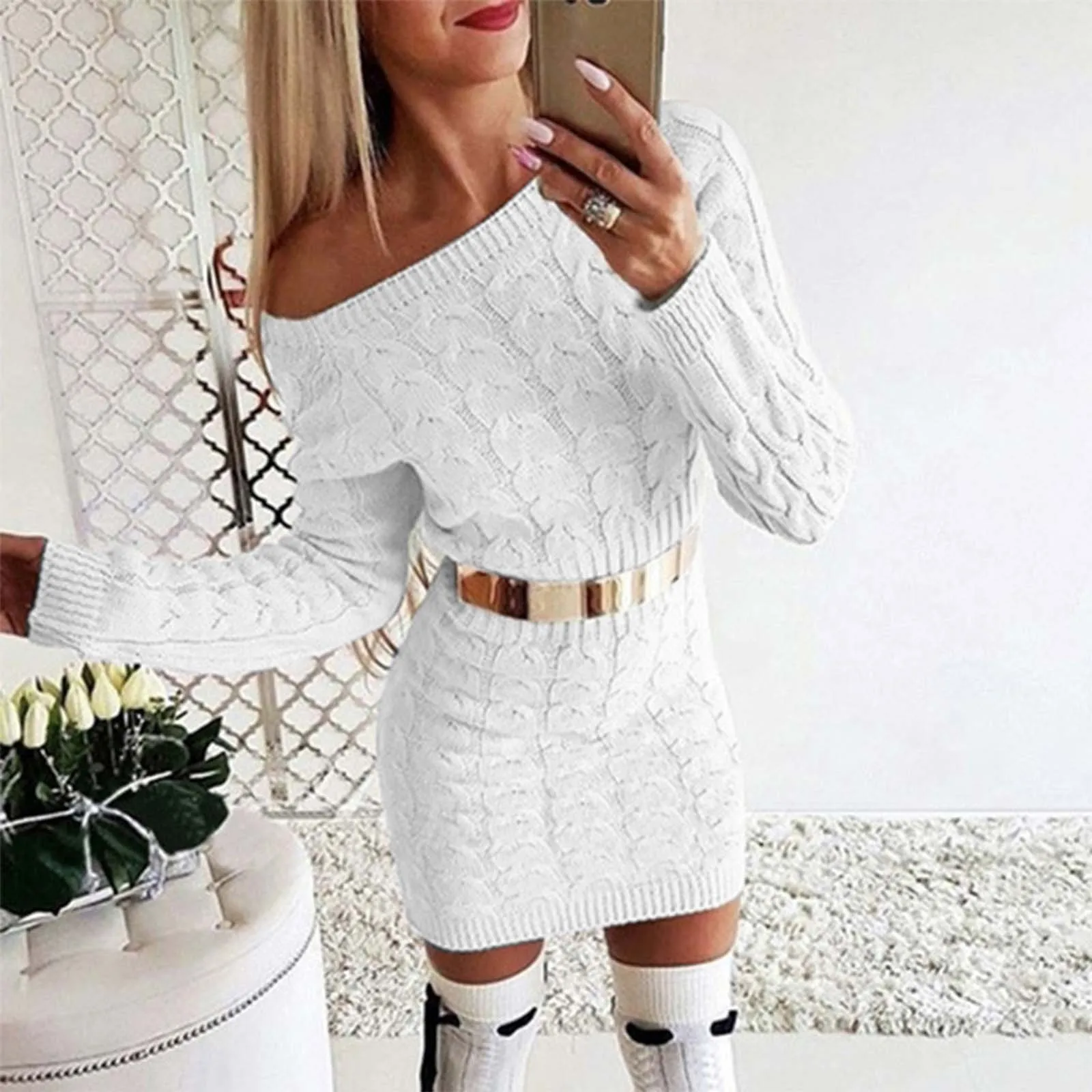 

Women's Off the Shoulder High Waist Mini Sweater Dress Autumn Winter Fashion Twisted Dresses Bodycon Long Sleeve Wrap Hip Dress