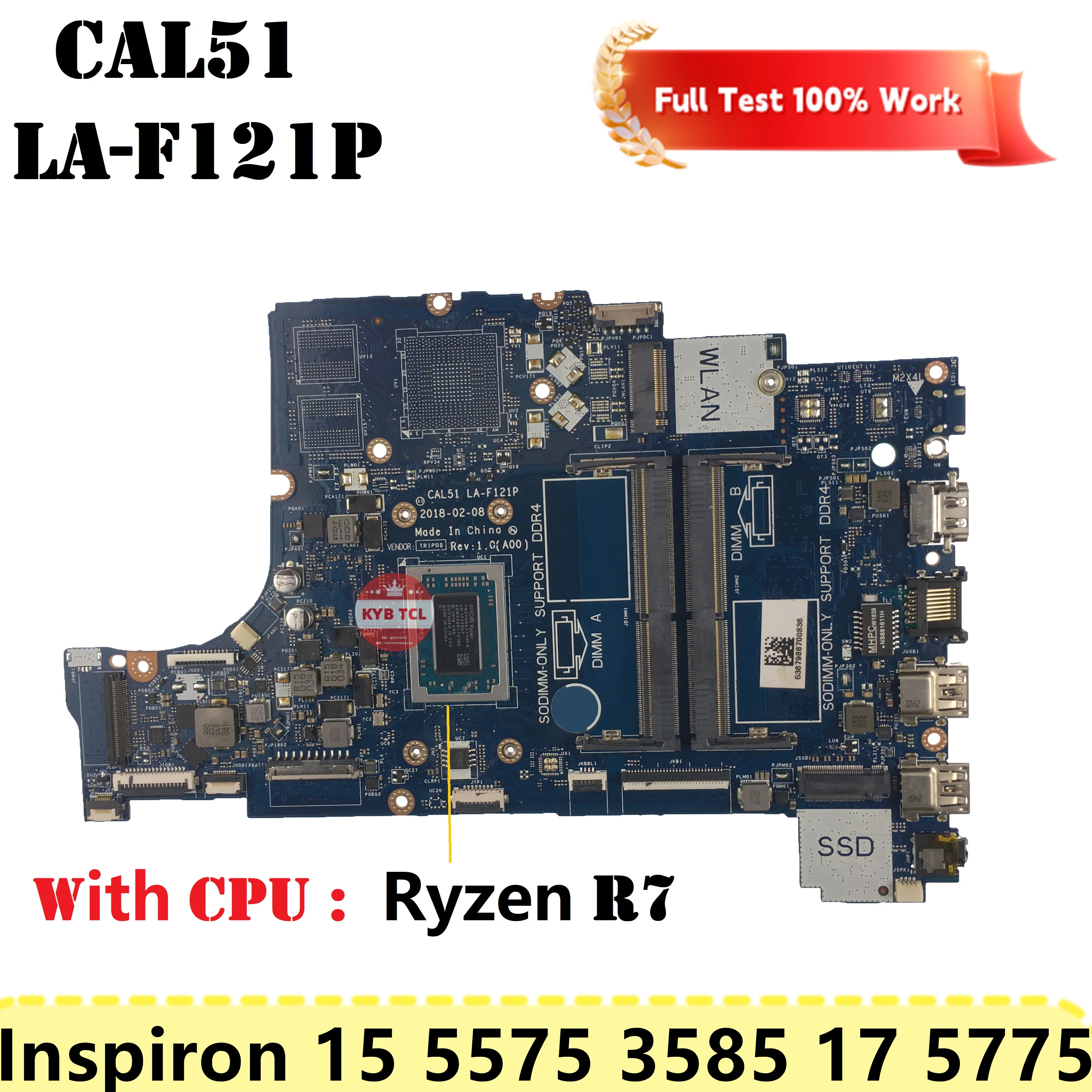 Imagem -05 - Placa-mãe para Dell Inspiron 15 5575 3585 17 5775 Laptop Cpu Cn0pv8cv Cal51 La-f121p com r3 r5 r7