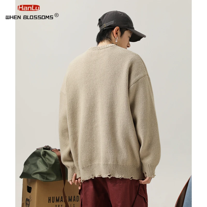 2024 New Vintage Loose Hole Breaking Design Sweaters Solid Knitted Jumper Men Harajuku Hip Hop Oversized Pullover Black Sweater