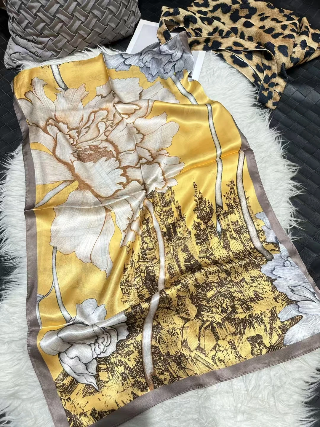 BYSIFA|New Khaki Yellow Silk Scarf Printed Winter Elegant Peony Design Long Scarves Shawls Fashion Brand Head Neck Scarves Capes